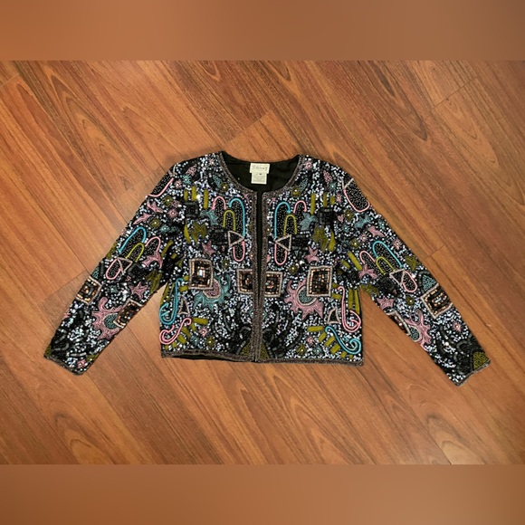 Amazing Vintage 80’s Sténay Multicolored Geometric Beaded Evening coat jacket M - Picture 10 of 16